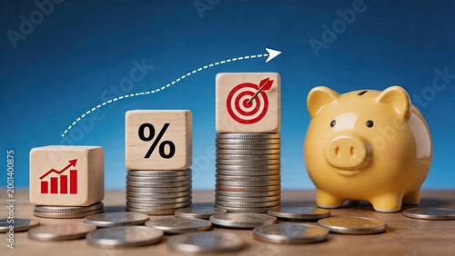 Business concept financial growth chart rising arrow on wooden block percent sign symbol investment success target hit coin stacks piggybank savings money