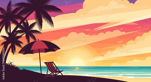 Tropical beach scene with palm trees.