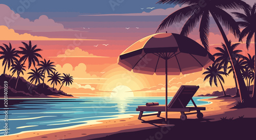 A serene beach scene at sunset with palm trees and a lounge chair.