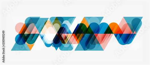 Abstract geometric shapes overlap, creating colorful wave pattern. Modern design utilizes transparency, gradients, vibrant hues.