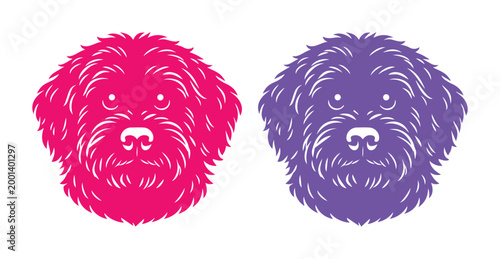 Fotografía Adorable shaggy dog head vector illustration, two cute fluffy puppy faces in vibrant pink and purple, charming pet animal graphic for branding and design projects