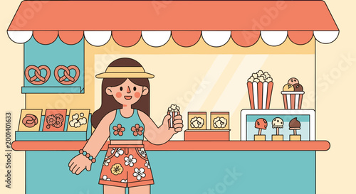 cute girl buying snacks at food stall summer illustration