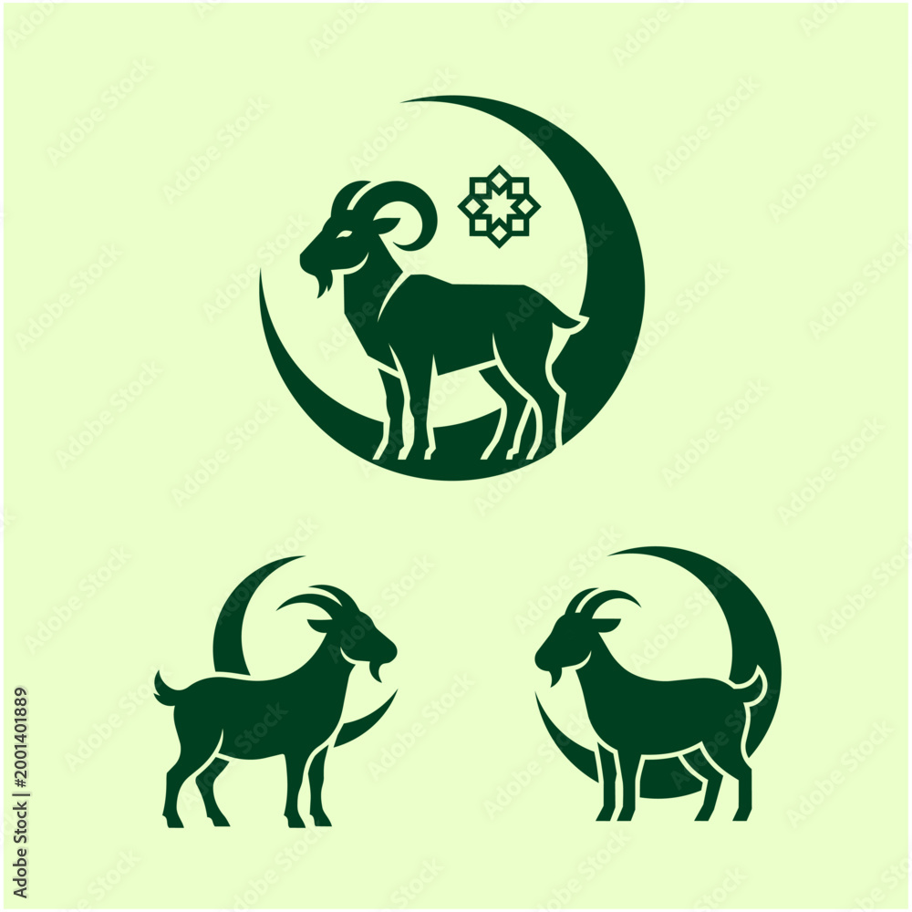 Obraz premium Islamic Sacrificial Goat Logo with Crescent Moon and Star