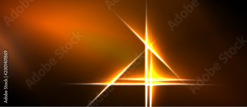 Bright orange glow illuminates geometric shapes. Lines intersect creating central focal point, dark background enhances luminosity.