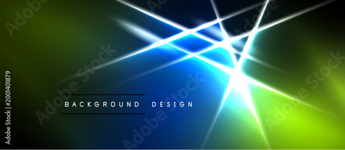 Abstract background features vibrant blue, green gradients. Bright lines intersect creating dynamic light effects. Modern design element.