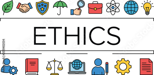 Ethics and professional responsibility concept with law balance security trust science and business values representing moral standards and corporate governance