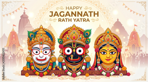 Jagannath rath yatra festival india illustration with deity faces and temple background spiritual devotion concept for greeting banner poster branding and festive use