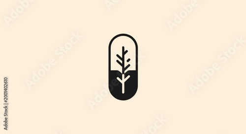 Minimalist black and white botanical capsule illustration on beige background.