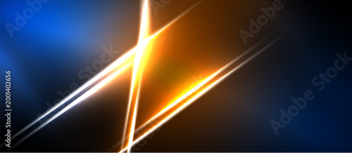 Abstract lines intersect. Bright orange, white, blue hues dominate dark background. Dynamic energy radiates from central point.
