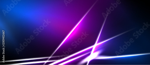 Abstract background features vibrant blue, purple light streaks. Dynamic composition creates modern, energetic visual impact. Smooth gradients dominate scene.