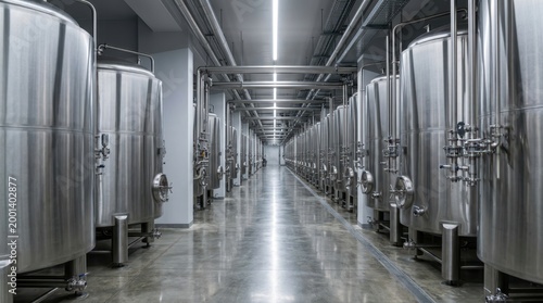 Industrial brewery facility with rows of stainless steel fermentation tanks