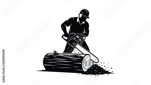 Lumberjack operating a chainsaw cutting a log striking silhouette