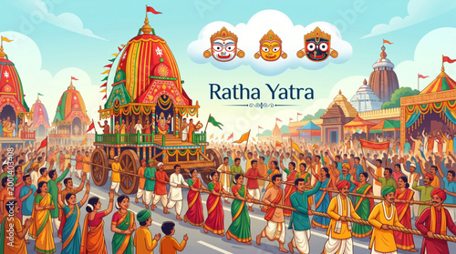 Rath yatra festival india vibrant street procession with decorated chariot devotees and temple scene cultural celebration concept for travel poster banner branding use
