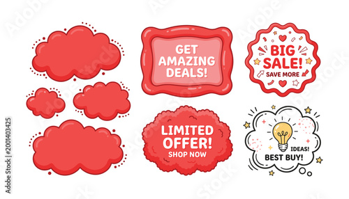 Red speech bubbles and sale tags with text get amazing deals limited offer big sale vector.