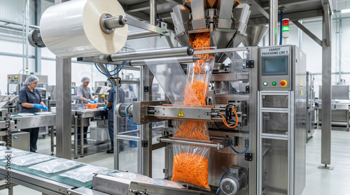 Automated shredded carrot packaging machine in food production factory