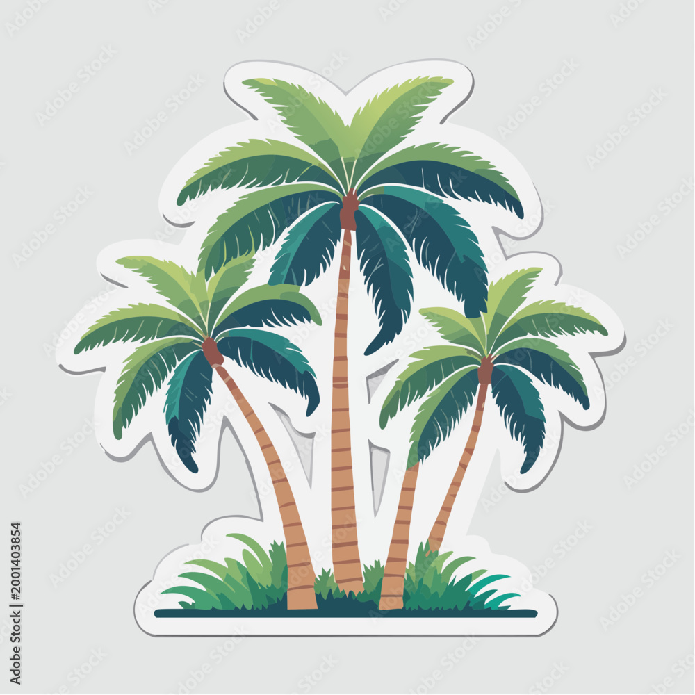 Obraz premium Illustration of three palm trees with green fronds and brown trunks