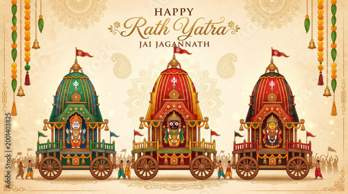 Rath yatra festival india traditional chariot procession illustration with decorated carts and cultural devotion scene for greeting banner poster branding use