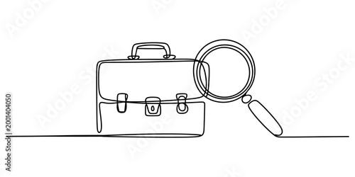 Minimalist line art briefcase, magnifying glass, business investigation concept, simple icon