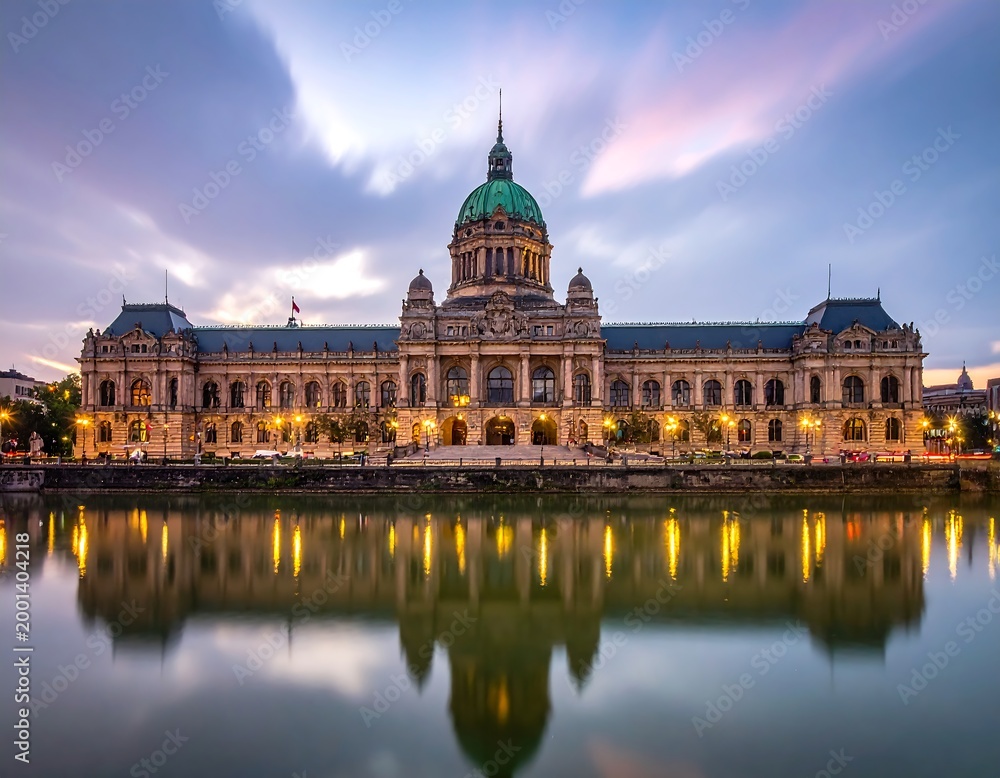 Fototapeta premium Large ornate building with a domed roof reflected in still water at dusk