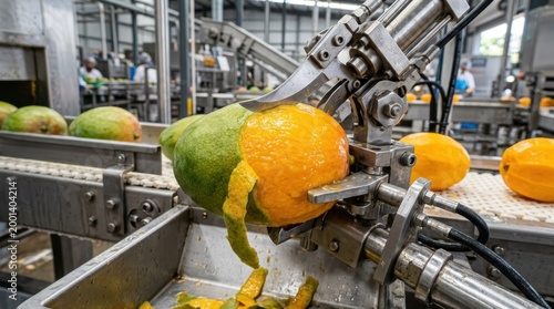Industrial mango peeling machine processing fresh fruit in a food factory