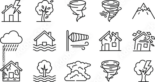 Natural disaster icons collection with earthquake flood tornado storm lightning and emergency damage symbols representing environmental hazards and risk awareness