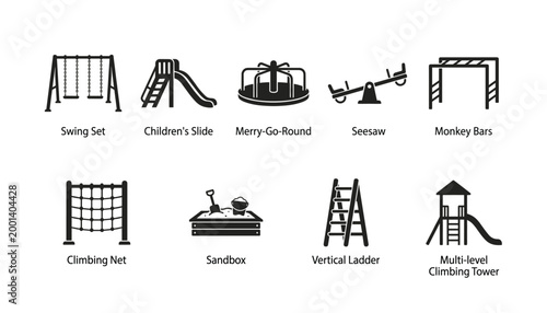 Vector playground equipment set 10 outdoor recreation items swing set slide merry go round seesaw.