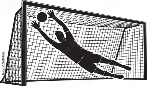 Goalkeeper diving to catch soccer ball in net