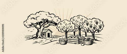Farm landscape with tractors ink sketch vector illustration