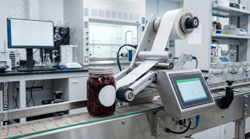 Automated labeling machine applying labels to glass jars in a laboratory