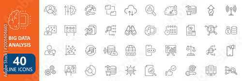 Big data analytics line icons set with AI, statistics, business, technology symbols, etc