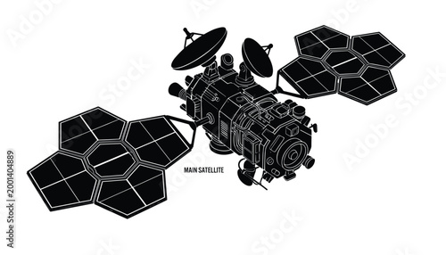Main satellite vector illustration outline, technology science object with solar panels transparent background.
