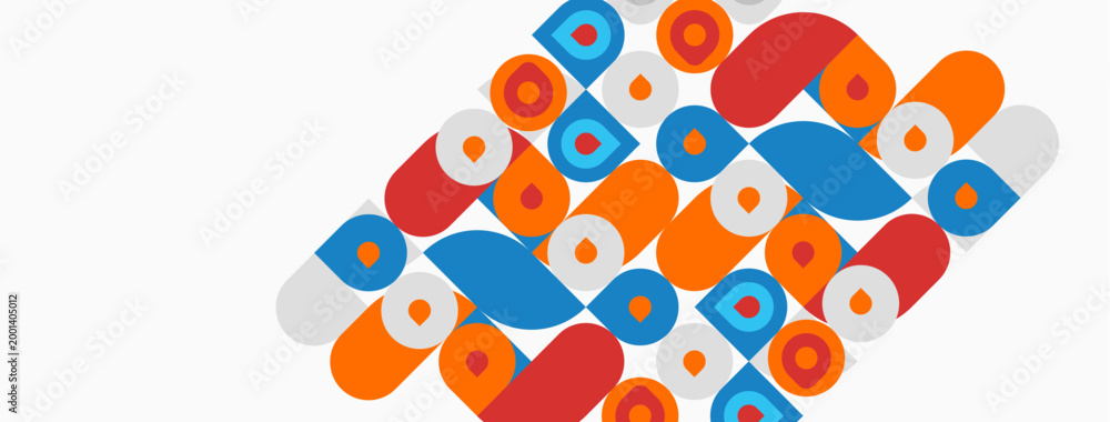 Fototapeta premium Abstract geometric shapes, orange, red, blue, white background. Pattern repeats, creating dynamic visual texture.
