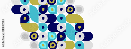 Abstract geometric shapes overlap, creating colorful pattern. Circles, squares, rectangles dominate composition. Light background enhances visual impact.