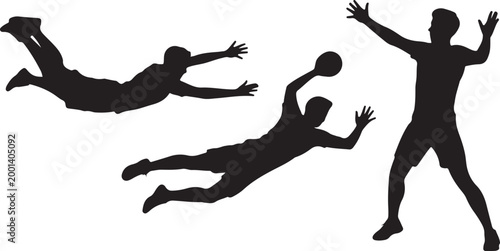 Handball players diving for ball action