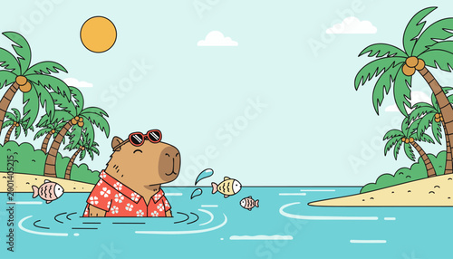 cute capybara enjoying swimming with fish in tropical sea summer illustration