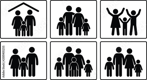 Family silhouettes icon set showing parents and children in various compositions isolated on light background