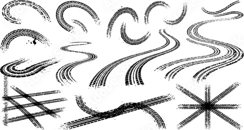 Tire tread marks after skidding, launch, drift, powerslide in motorsport, rally, off-road, motocross. Wheel texture with splash effect. Vector, transparent background EPS version.