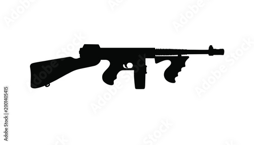 Silhouette gangster submachine gun vector illustration with transparent background for design projects.