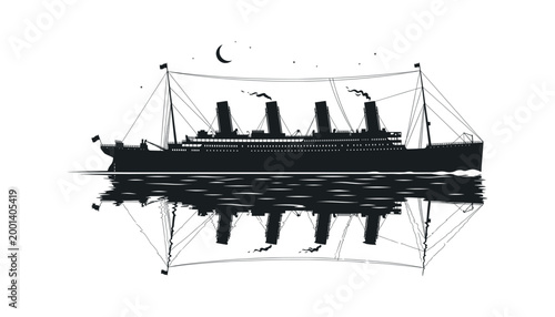 Black silhouette of majestic ocean liner ship sailing on water with reflection on transparent background vector.