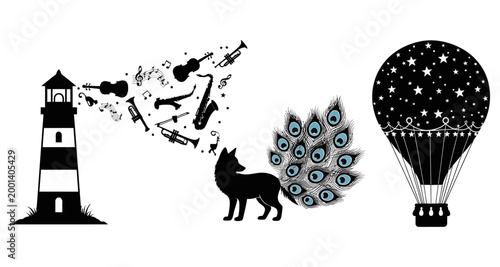 Black and white illustration of a wolf smelling a peacock with a lighthouse and hot air balloon