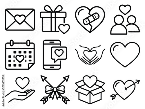Line art vector icons for love romance relationships valentine's day celebrations with valentines day, injured heart