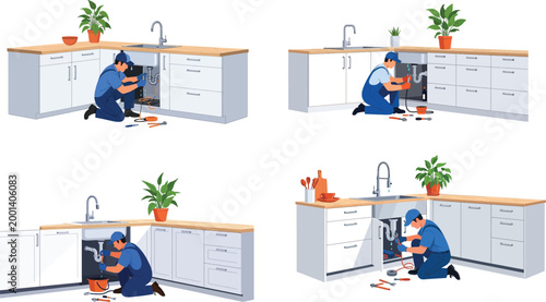 Professional plumber repairman character set fixing kitchen sink and drainage pipes in flat vector illustration isolated on white background