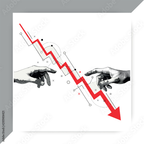 Declining graph with human hands financial crisis economic downturn concept illustration isolated on white background