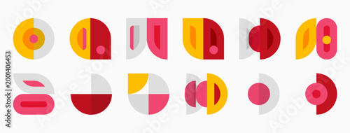 Geometric shapes, mostly circles, rectangles, variations. Red, orange, pink hues dominate design. Minimalist aesthetic, flat illustration style.