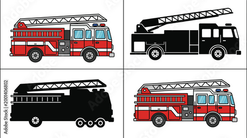 Cuadro en lienzo Fire truck ladder engine silhouettes and colored emergency vehicles vector illus