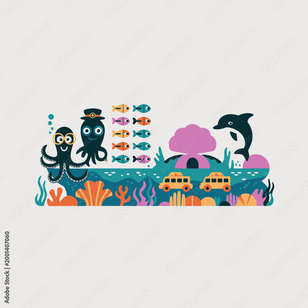 Fototapeta premium Playful underwater scene featuring friendly octopuses and a leaping dolphin surrounded by colorful coral reefs and marine life in a vibrant flat vector illustration design