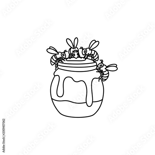 Bees on Honey Jar Coloring Page Vector Illustration