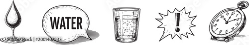 Drinking water health reminders set with glass bubble droplet exclamation and stopwatch.