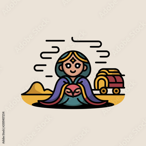 Cartoon gypsy woman with colorful outfit and tent in desert landscape smiling and holding crystal ball