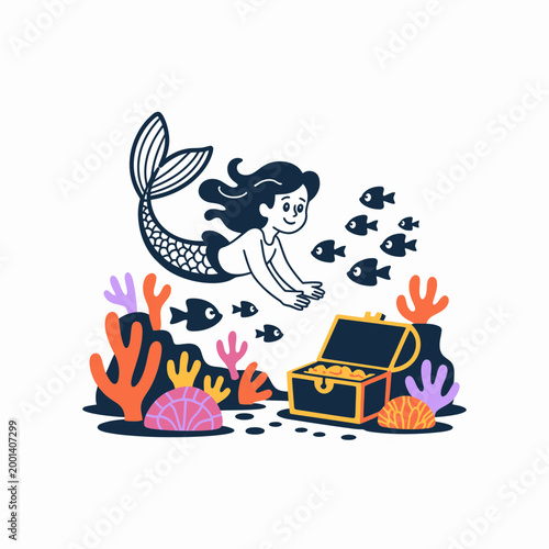 Cute mermaid swimming near an open treasure chest filled with gold coins among colorful coral reefs and small tropical fish in a playful flat vector illustration design